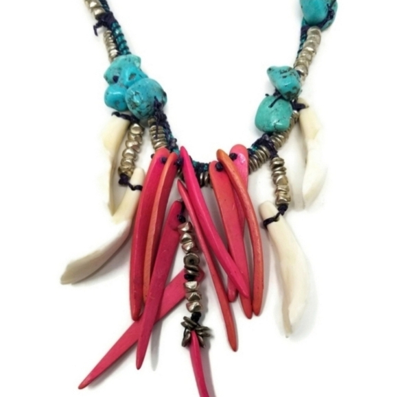 Handmade Tribal Turquoise Wood Silver Bead Bone Artisinal Necklace OOAK - Picture 3 of 14